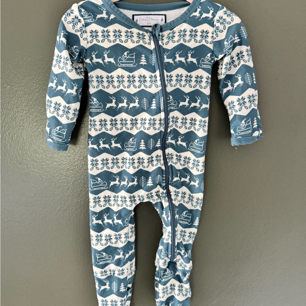 SweetHoney Blue & White Holiday Reindeer Footed One-Piece